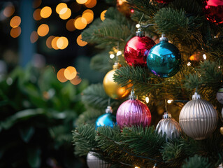 Festive Christmas Tree with Colorful Ornaments and Lights
