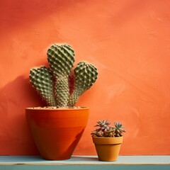 A heart-shaped cactus in a terracotta pot, against a brightly painted wall.