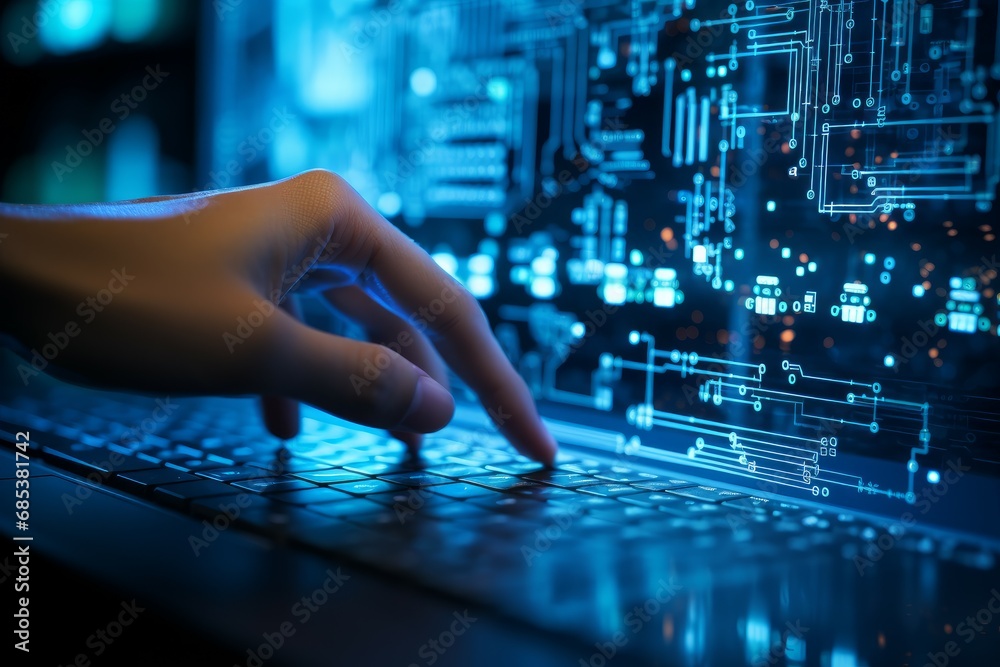 Poster cool hand of robot touch. coding monitor science. generate ai