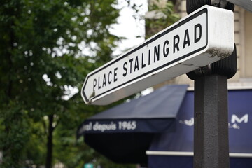 Paris, France, 28.07.2023: Stalingrad sing in the downtown of Paris.