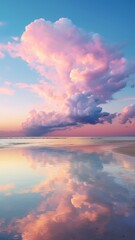 A heart-shaped cloud formation over a tranquil ocean at sunset, with pastel hues.