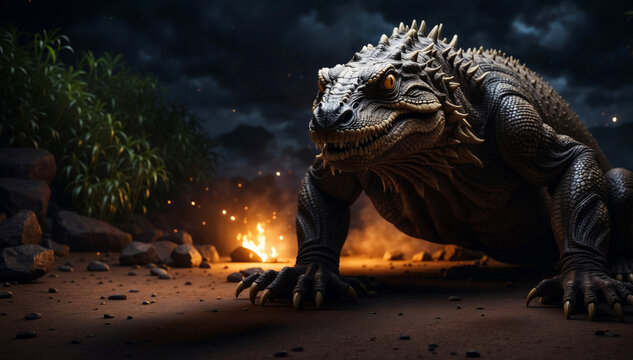 A monstrous lizard in the night.