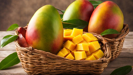Ripe appetizing mango fruit in an overflowing basket, Fresh mango in a wooden box on a wooden background tropical fruits top view free copy space