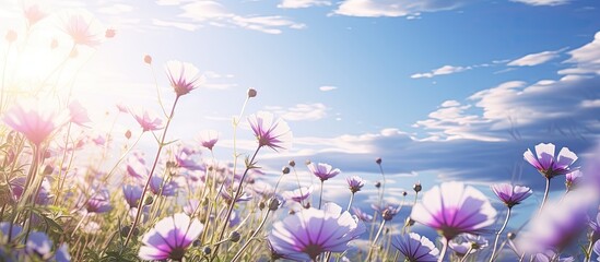 The blooming blue, purple, and white flowers appear beautiful among nature, sky, and sun.