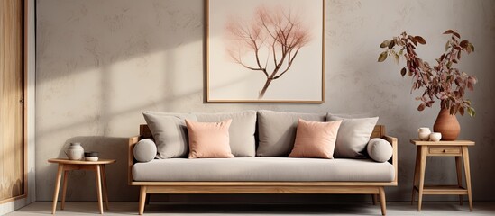 Scandi-style interior of a home with a grey sofa, small table, vase, accessories, and poster frame. Elegant decor. Real photo.