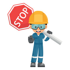 Industrial mechanic worker with stop sign. Engineer with his personal protective equipment. Safety first. Industrial safety and occupational health at work