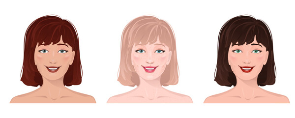 Face portrait of women with divers skin and hair. Facial expression with gesture isolated vector illustration. Avatar for a social network. Vector flat illustration, web, design, beauty and make up.	