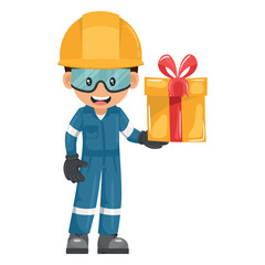 Industrial mechanic worker with his personal protective equipment with gift box. Engineer with his personal protective equipment. Safety first. Industrial safety and occupational health at work