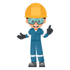 Industrial mechanical worker with his personal protective equipment pointing his finger. Express an idea and indicate with the index finger. Industrial safety and occupational health at work