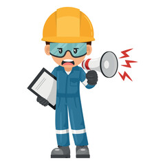 Annoyed industrial mechanic worker with notepad for project evaluation with thumb up. Supervisor engineer with personal protective equipment. Industrial safety and occupational health at work