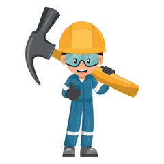 Industrial mechanic worker carrying a giant hammer. Supervisor with personal protective equipment. Industrial safety and occupational health at work