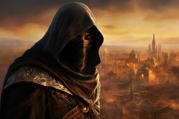 Dauntless Hooded warrior man. Arab city weapon. Generate Ai