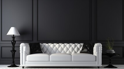 An elegant white sofa isolated against a sleek black solid color pattern wall.