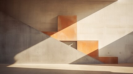 An abstract geometric design on a concrete wall, bathed in warm sunlight creating a play of light and shadow.