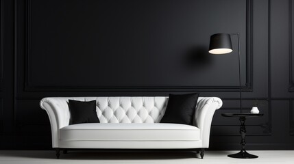 An elegant white sofa isolated against a sleek black solid color pattern wall.