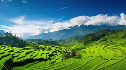 Panoramic landscape of Indonesian rice field terraces on a mountain, ricefield terrace. super wide rice field panorama