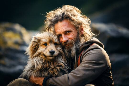 A man hugs his dog in nature