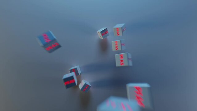 PFAS cubes fall from the top on the surface. Conceptual 3D animation.