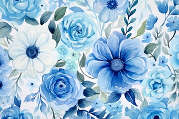 Blue Watercolor flowers seamless pattern background for print, textile, fabric,