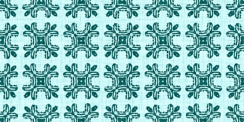 Teal green white vibrant watercolor batik azulejos tile border banner background. Seamless aqua coastal blur linen effect geometric mosaic effect.Boho Patchwork nautical masculine summer ribbon trim. 