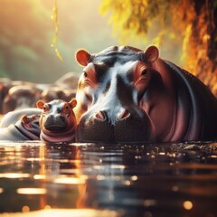 mother and baby hippo laying in the water - 685385503