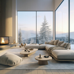 Grey cosy corner sofa in minimalist livingroom with fireplace  and large  windows with foggy forest view