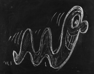 Icon happy worm, hand draw chalk on chalkboard, blackboard texture