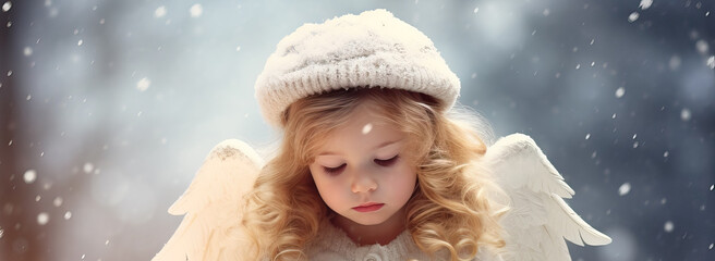cute little angel praying in the snow