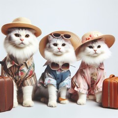 Obraz premium Studio group photo portrait of a cat family dressed and ready for vacation