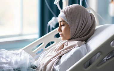 Horizontal portrait shot of attractive smiling adult Muslim patient wearing hijab. Islamic woman
