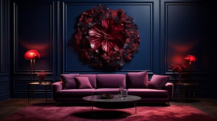 Layers of deep burgundy and midnight blue on a 3D wall, creating a rich and luxurious atmosphere.