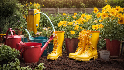 Gardening boots, flower pots in the garden