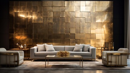 Layers of gold and silver metallic hues shining on a 3D wall, creating an elegant atmosphere.