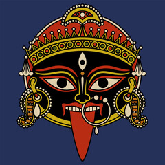 Head of goddess Kali. Hindu mask. Ethnic design. Indian female deity of destruction. On blue background.