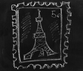 Icon postage stamp, postcard Paris hand draw chalk on chalkboard, blackboard texture
