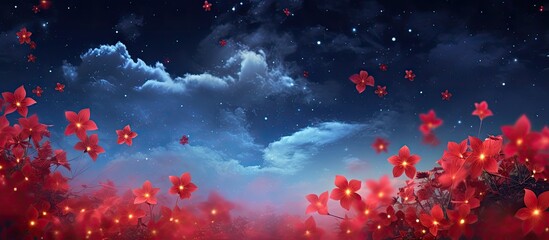The sky, adorned with scattered clouds, set the stage for a mesmerizing display of stars, as a beautiful tropical meadow flourished with luxurious red flowers, their stamen like precious gifts. - obrazy, fototapety, plakaty