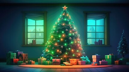 An elegant Christmas tree with gifts under it in the room. New Year's card. New Year and Christmas