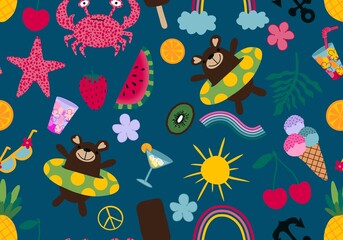 Summer cartoon doodle seamless rainbow and crabs and cherry and ice cream pattern for wrapping paper