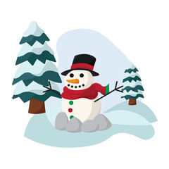 Cute snowman character between two christmas trees Vector