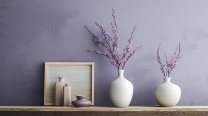 Sophisticated simplicity  delicate vases and vintage books against a muted lavender Japanese-style wall.