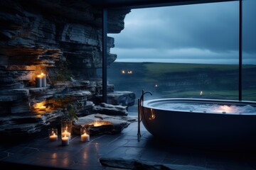 Obraz premium Bathroom design planning, luxury style flawless , relaxing place with a view of the sea scenery, magnificent original design. Toilet room for hygiene, space for spa.