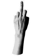 Indecent hand gesture. Fuck you symbol. Retro halftone middle finger. Modern collage. Hand flipping the bird. Hate gesture. Pop art. Trendy vintage newspaper part.  Paper cutout element. Y2K style