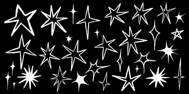 Set of stars. Collection of simple hand drawn stars. Drawn on chalkboard stars. Grunge white stars isolated on black background