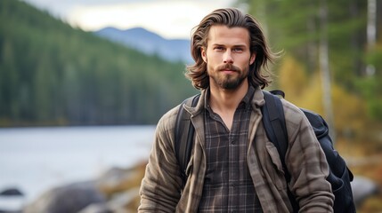 Scandinavian man with tousled brown hair, well-groomed beard, intense grayish-blue eyes, in plaid flannel shirt, standing on river shore