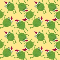 Christmas animals seamless frogs and Santa hat pattern for wrapping paper and fabrics and linens and kids