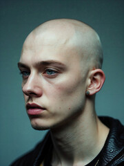 Fototapeta premium Hombre joven rapado con chaqueta de piel, piel pálida y mirada desafiante