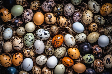 Background of colorful bird eggs, many birds eggs of different species, close-up, natural wallpaper 