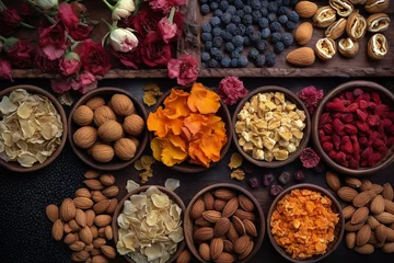 Fotobehang Nuts and dried fruits background on black, flatley almonds, cashews, raisins, peanuts, prunes, dried apricots, appetizing healthy food, food wallpaper © Dmitry