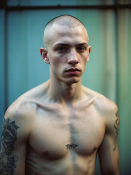 Hombre joven rapado, con tatuajes, fotograf&iacute;a urbana, piel p&aacute;lida, mirada desafiante