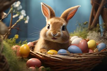 Fototapeta na wymiar A cute Easter bunny sitting in between colored eggs